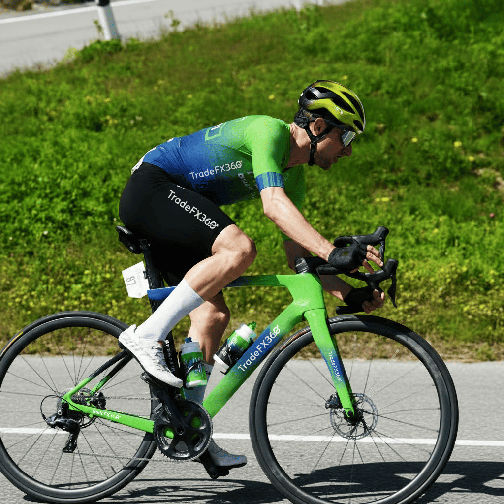 Sponsored athlete riding a bicycle